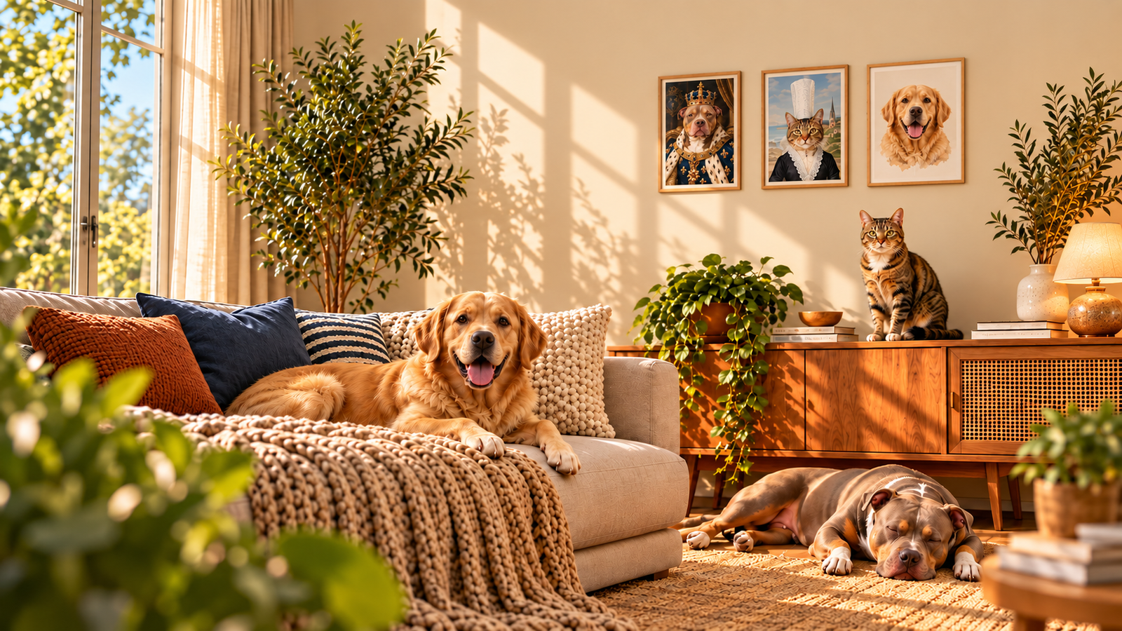 Intérieur présentant des exemples de portraits de chien et de chat encadrés